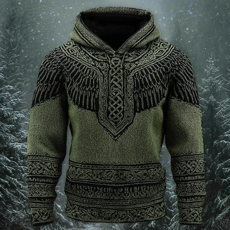 Men's Viking Celtic With Wings Art Cozy Knit Hooded Sweater
