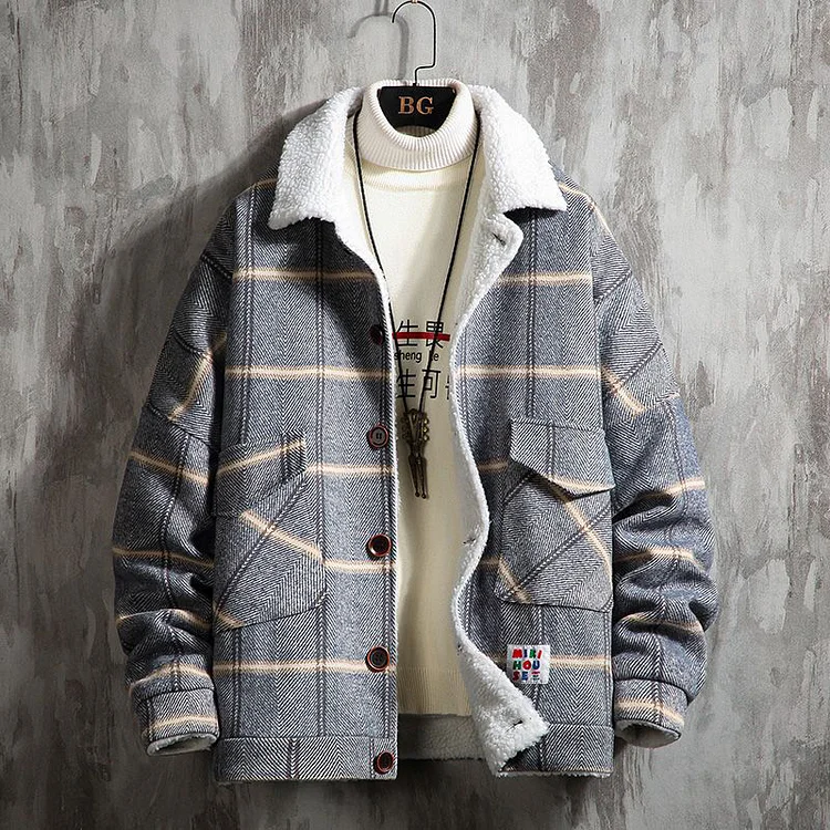 Casual Turndown Collar Plaid Single Breasted Plush Lined Jacket