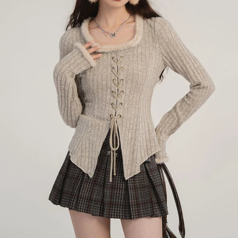 Aiertu Bandage Drawstring Knitted Cardigan Women Autumn Winter Vintage Split Cardigans Korean Fashion Y2k Sweaters Bottoming Shirt Top Aiertu