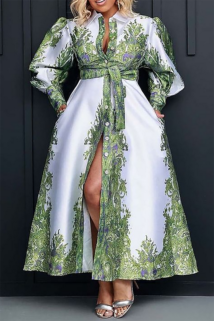 Plus Size Semi Formal Dress Green Print Lantern Sleeve Maxi Dress With Belt 