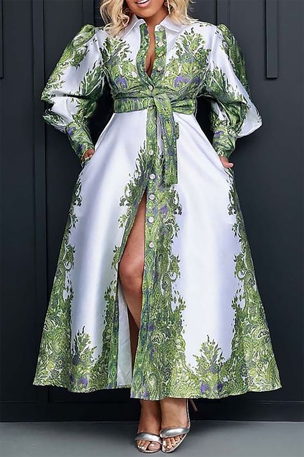 Plus Size Semi Formal Dress Gold Print Lantern Sleeve Maxi Dress With Belt