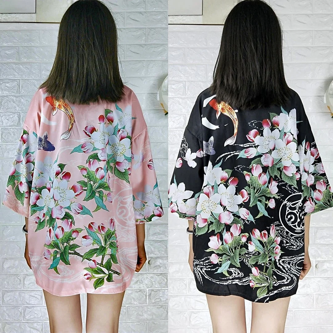 Pink/Black Harajuku Floral Carp Kimono Coat S12672