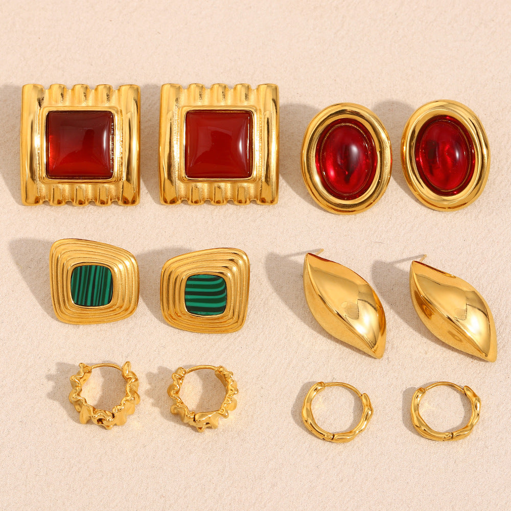 French Retro Geometric Red Agate Earrings Stainless Steel Plated 18K Gold Eye Fold Earrings