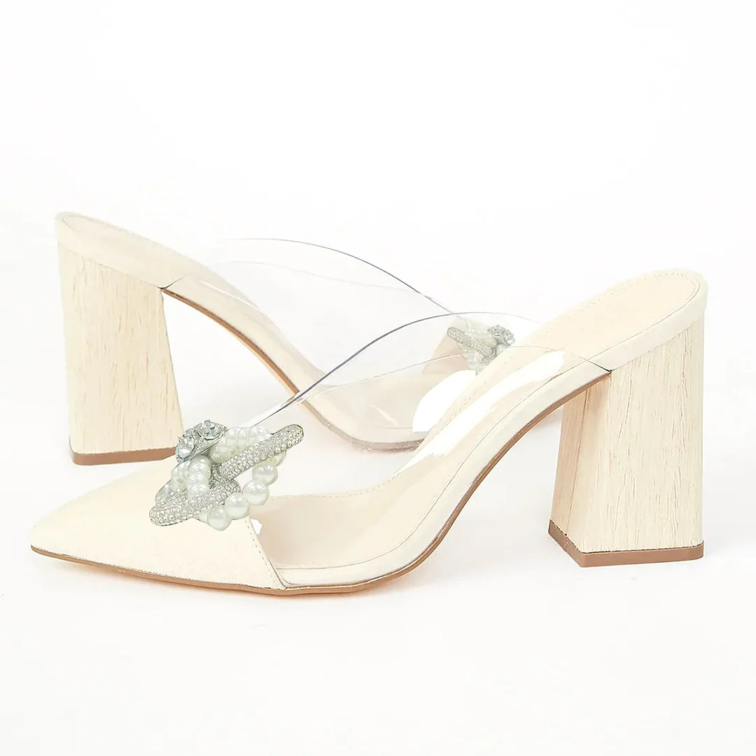 Beige & Clear PVC Pointed Toe Chunky Heel Mules with Bow Decor Nicepairs