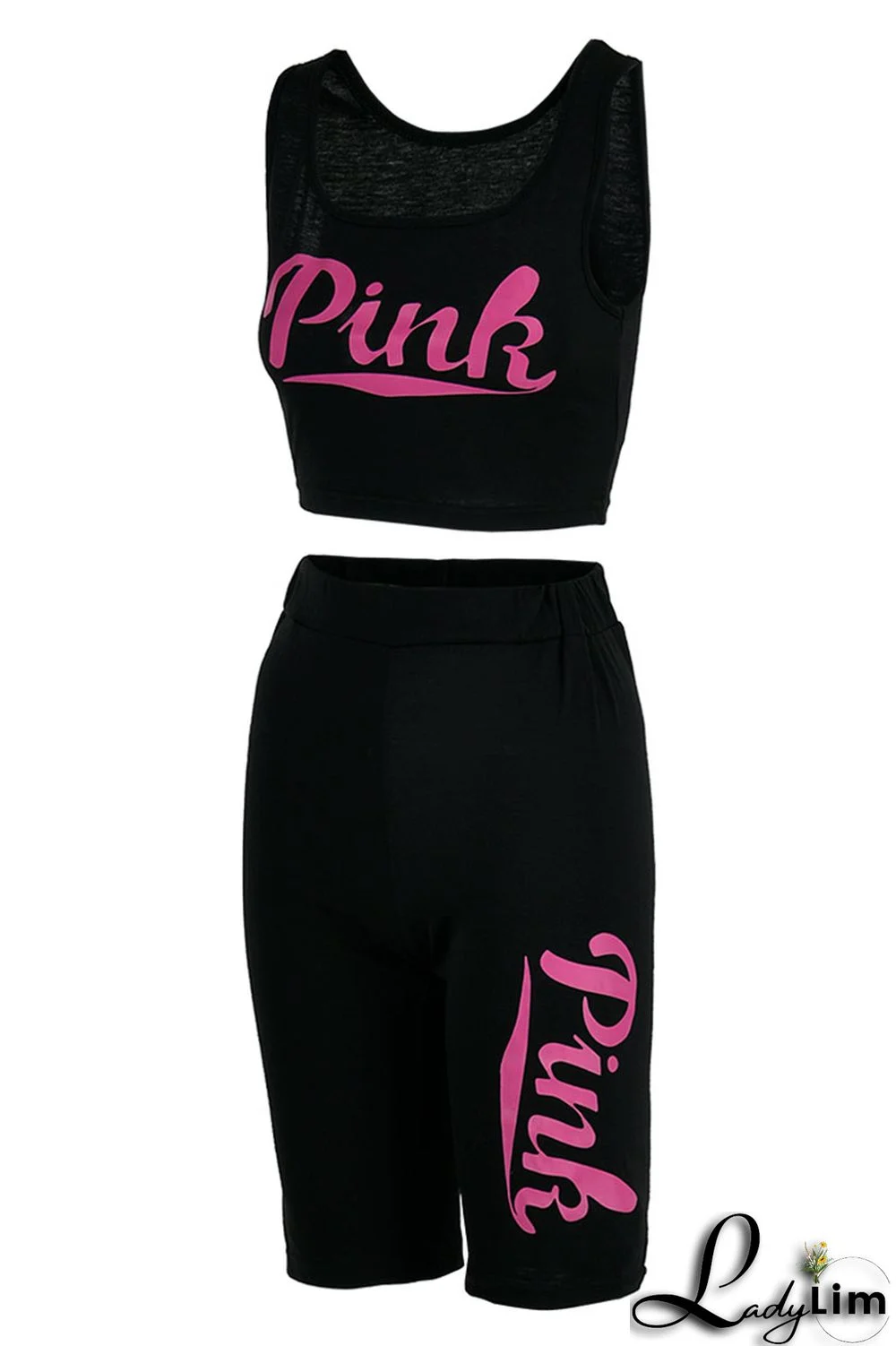 Black Fashion Casual Sportswear Letter Print Basic U Neck Sleeveless Two Pieces