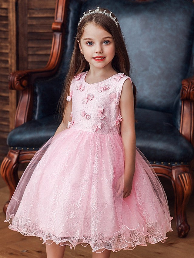 Oknass Ball Gown Sleeveless Jewel Neck Flower Girl Dresses Tulle With Bow Appliques