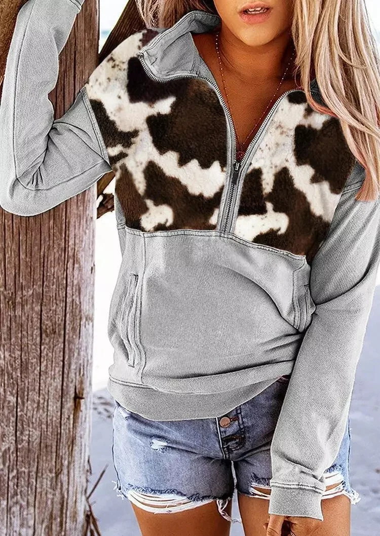 Cow Pattern Pocket Zipper Collar Pullover Sweatshirt