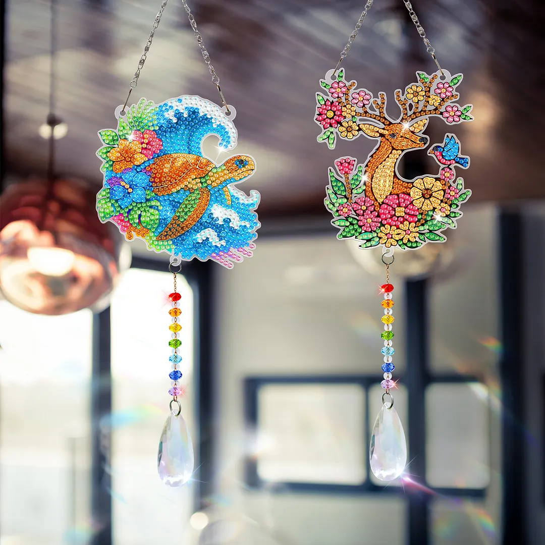2Pcs Sea Turtles and Elk DIY Double-Sided Diamond Painting Hanging Kits Diamond Painting Suncatcher Craft Kit for Home Garden Wall Decor Gift