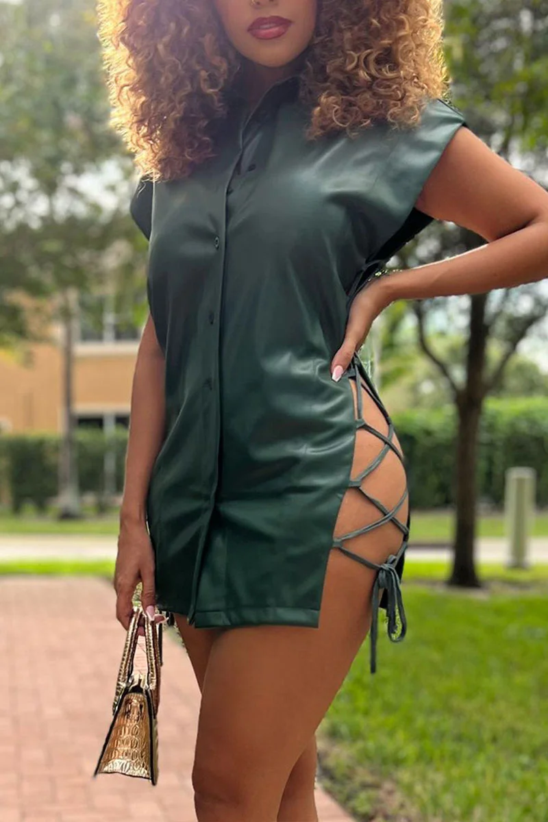 Green Sexy Street Solid Frenulum Cardigan Shirt Collar Wrapped Skirt Dresses | EGEMISS