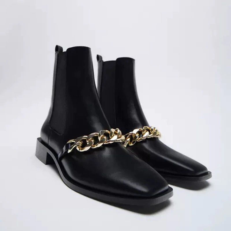 Qjong Autumn Chelsea Boots For Women Metal Chain Female Square Toe Thick-Heel Shose Ladies Low Heel Short Boots Ankle Boots sh144
