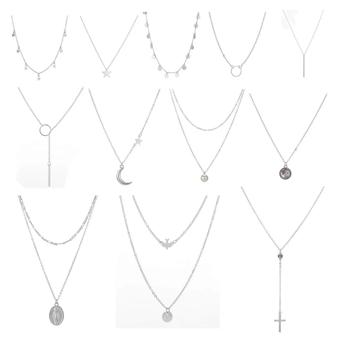 12 Pcs Layered Choker Necklace for Women Girls Handmade Dainty Chain Necklace Set Pearl Coin Circle Bar Moon CZ Star Pendant Necklace