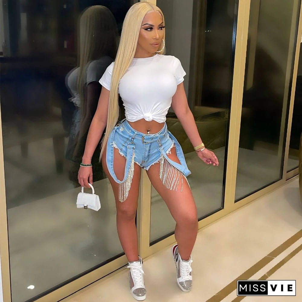 Low Waist Ripped Holes Tassel Hot Drill Denim Shorts