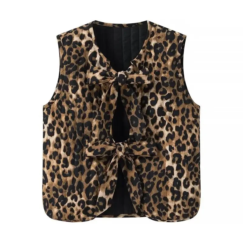 Tlbang Vintage Leopard Print Lacing Up Bow Vest Women V Neck Sleeveless Tank Top Fashion Lady Office High Street Waistcoat