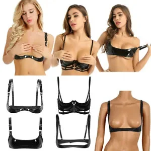 pornhint Pornhint Womens Wetlook Cupless Breast Nipple Bra Sexy Open Cups Harness Leathe Bra Tops