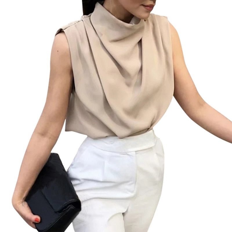 Muyogrt Women Sleeveless Blouses Elegant Stand Collar Soft Shirt 2021 Summer Office Ladies Loose Blouses Casual Female Tops Chic
