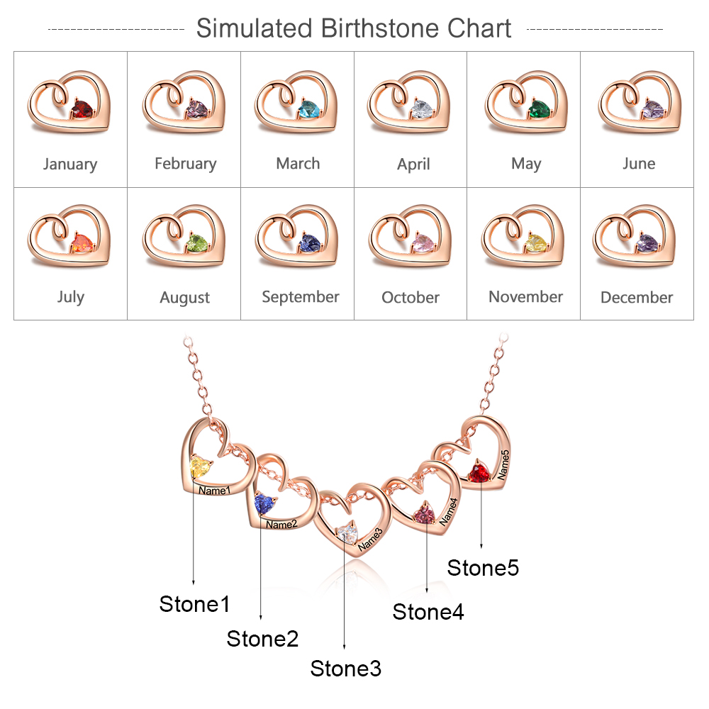 Personalised Heart Pendant Necklace Custom 5 Names & 5 Birthstones Necklace Gifts for Her-Jessemade AU