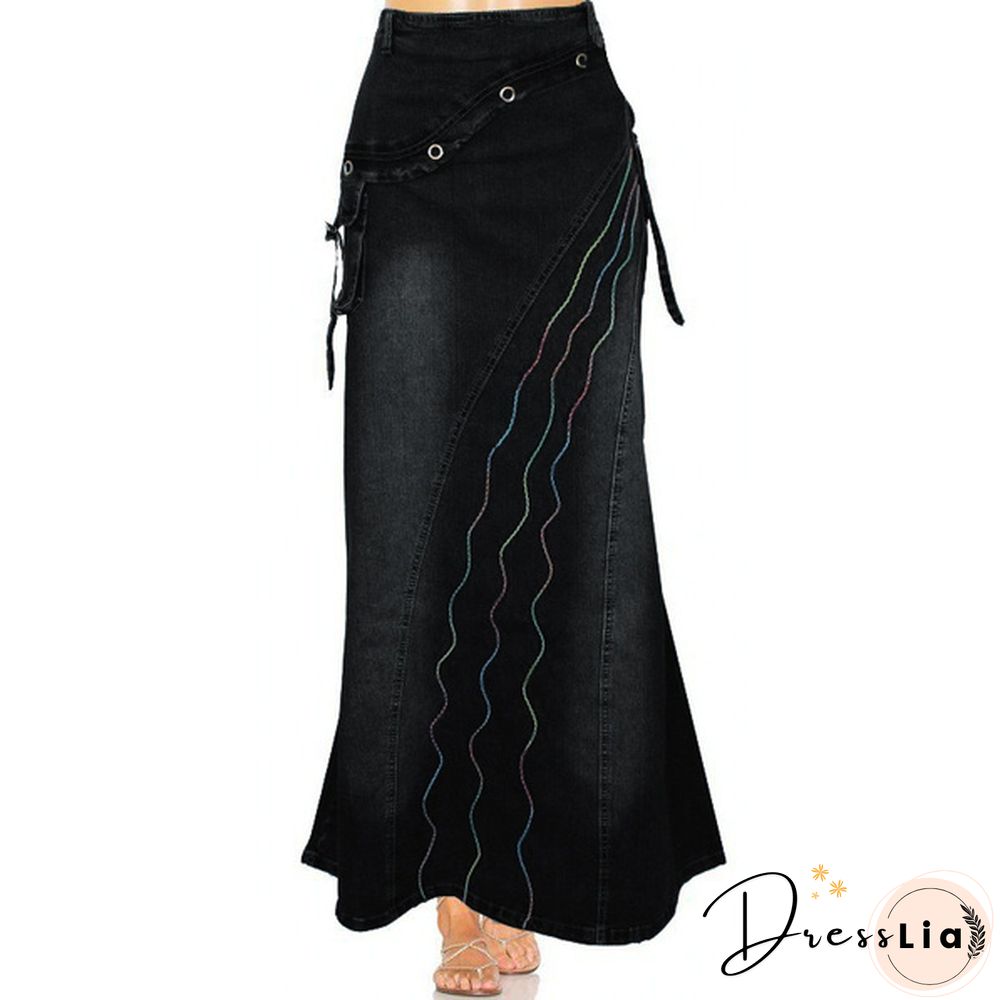 Women Fashion Casaul Stretch Cargo Denim Skirt Bell Skirt Floor Length Washed Denim Jeans Skirt Plus Size