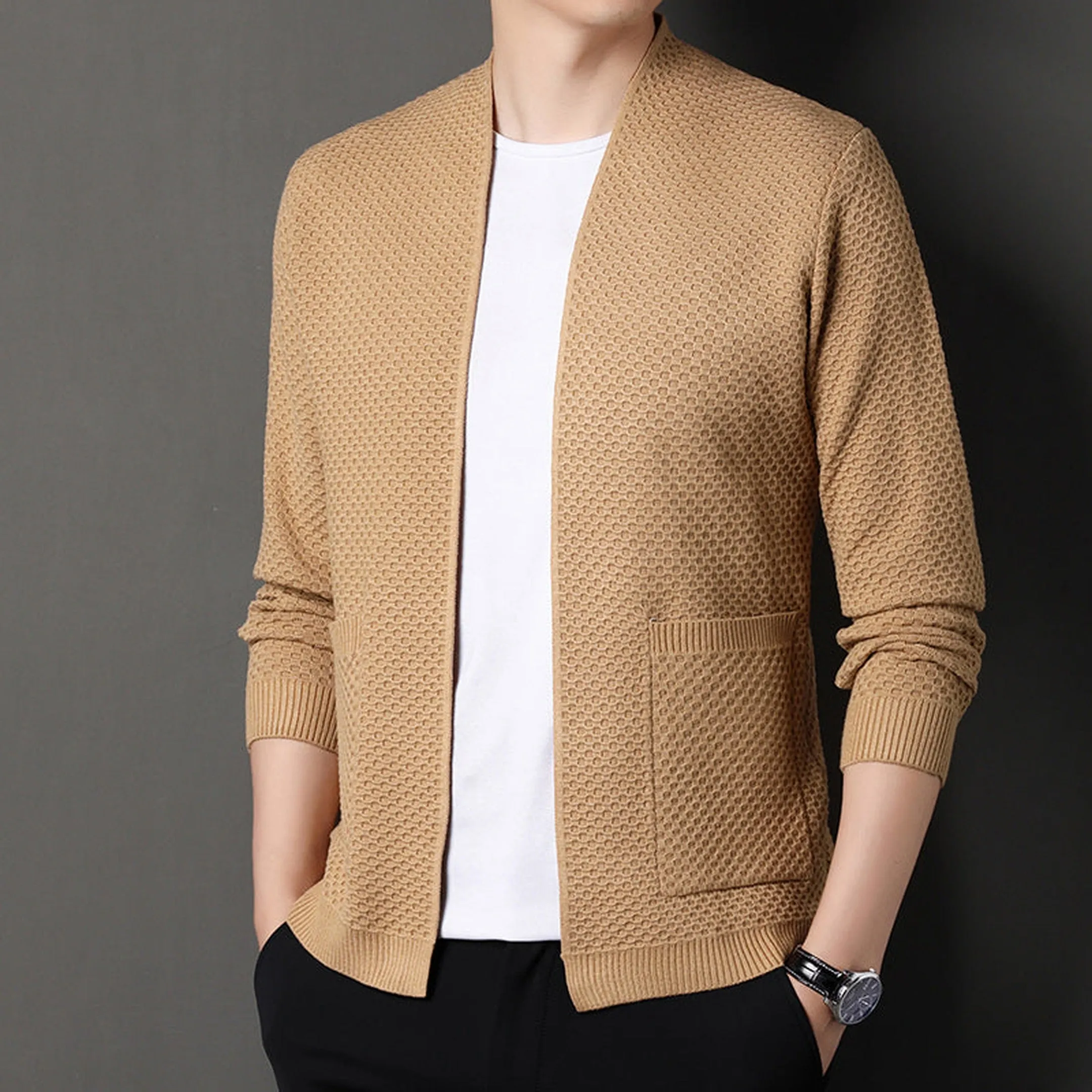 Men's Wool Blend Knit Cardigan &ndash; Textured Open-Front Layer