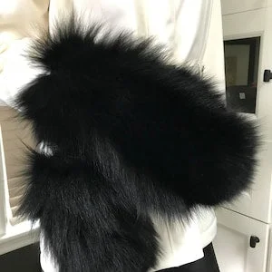 Pornhint Women Stunning Authentic Black Fox Fur Black Leather Mittens Size Large