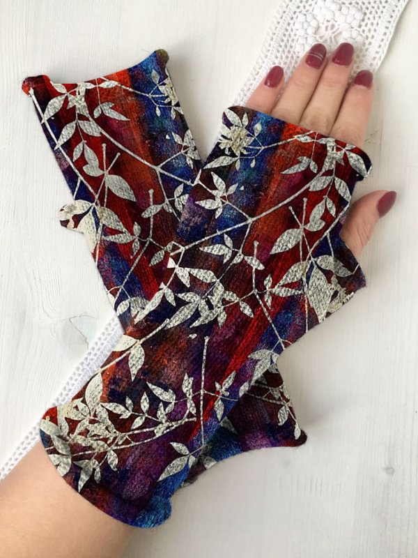 Retro leaves print knit fingerless gloves