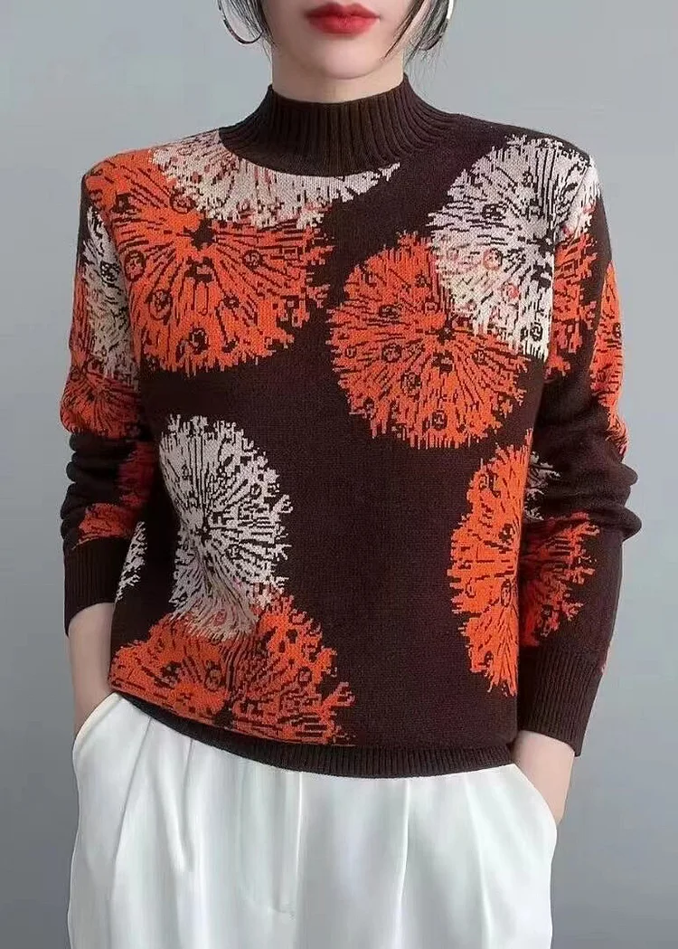 Women Coffee Print Patchwork Cozy Knit Top Long Sleeve