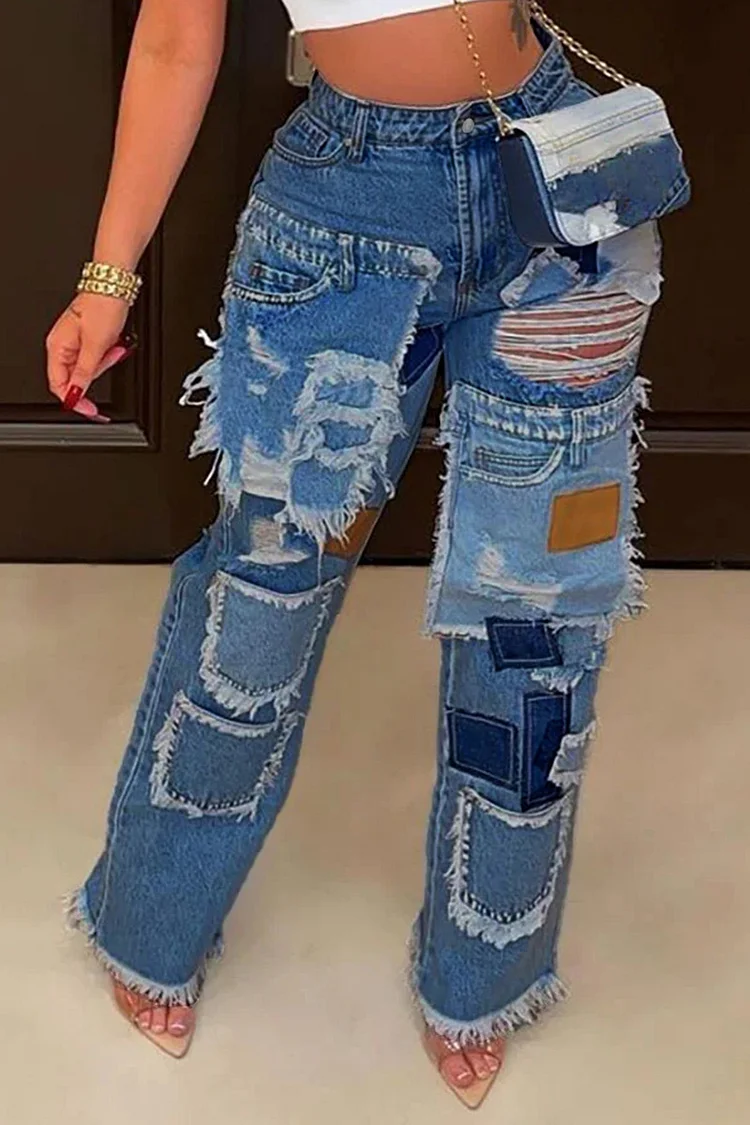 Plus Size Blue Daily Denim Patchwork Ripped Tassel Jeans [Pre-Order]