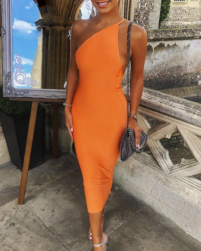 Solid Asymmetrical Neck Bodycon Dress