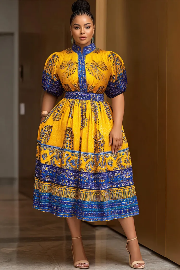 Xpluswear Design Plus Size Daily Multicolor African Print Mock Neck Puff Sleeve Short Sleeve Pocket Midi Dresses [Pre-Order] 2024 - Xpluswear