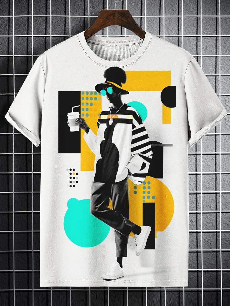 Men's Black Fashion Street Trendy Brand Art Print Casual T-Shirt