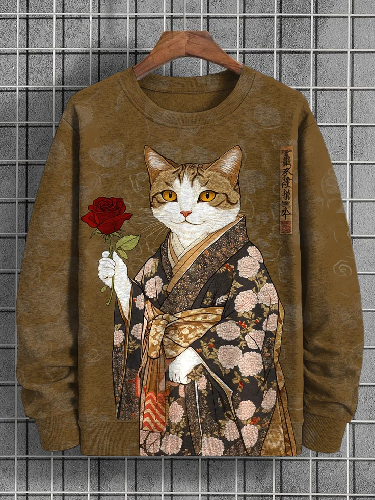 Men's Romantic Cat And Rose Japanese Art Print Casual Sweatshirt