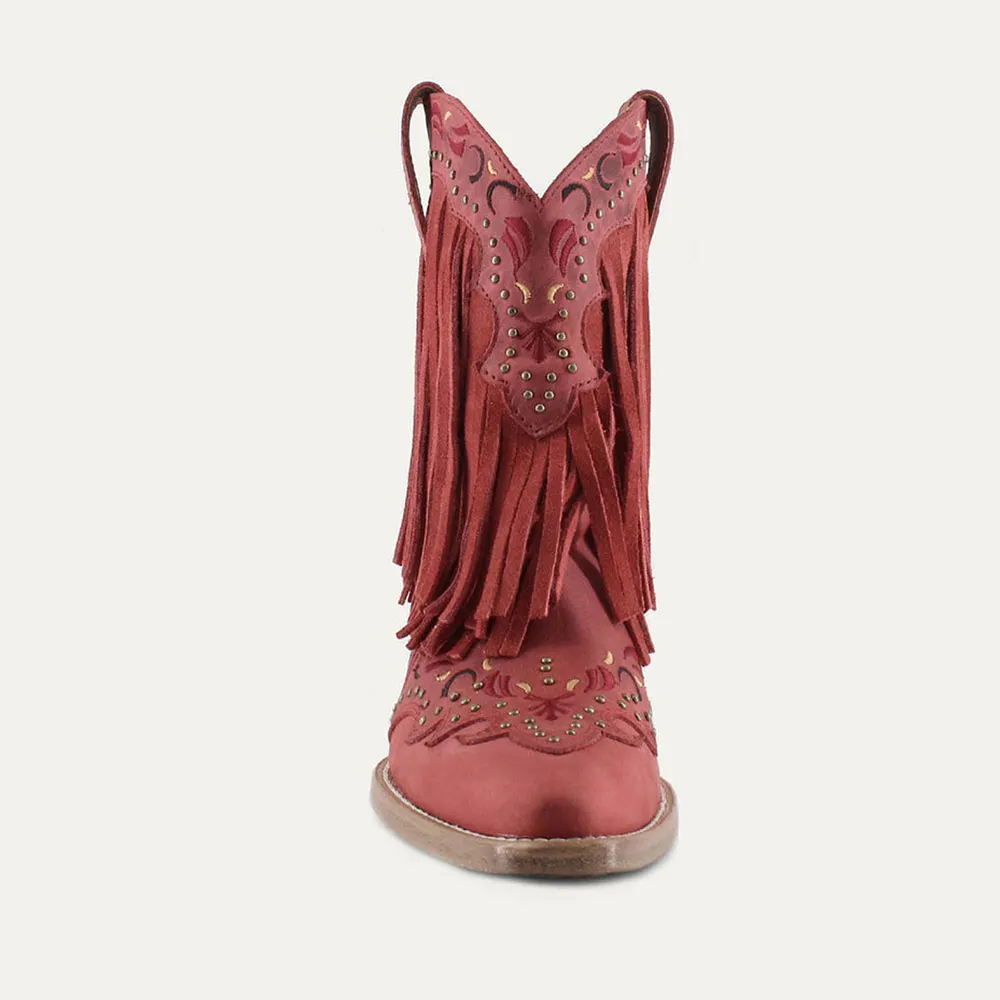 Red Snip Toe Fringe Chunky Heel Embroidered Cowgirl Boots with Studs