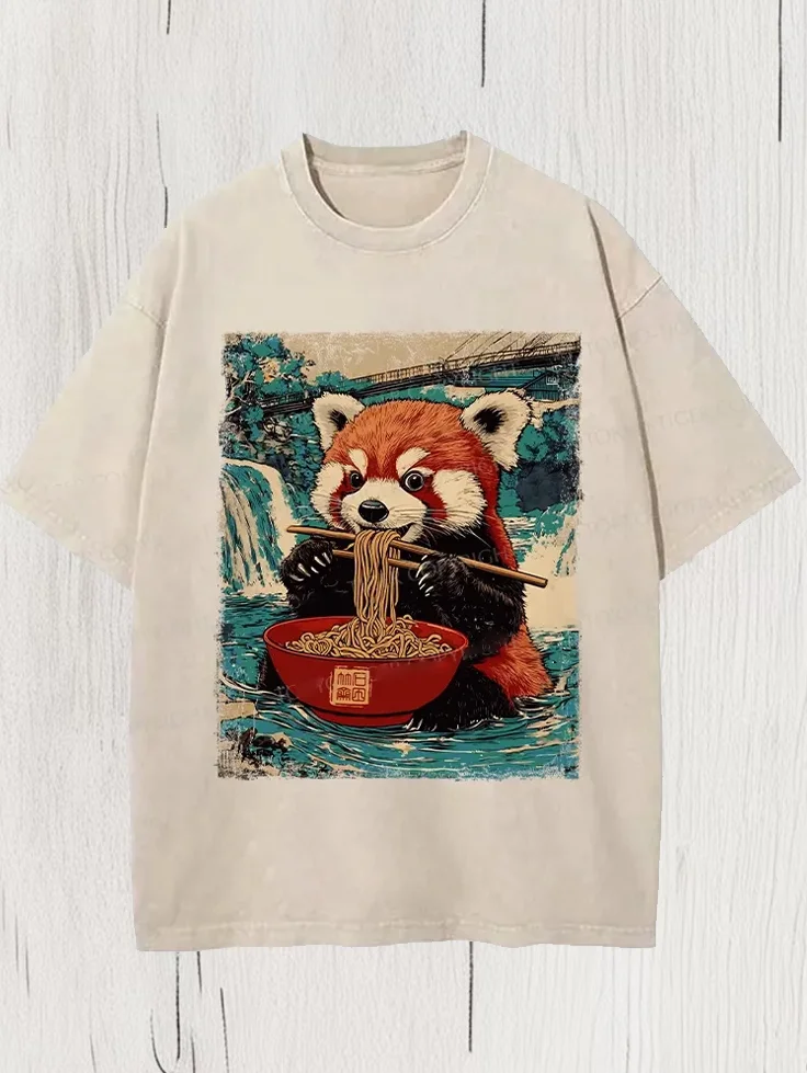 Men's Bear Eating Ramen Print Cotton Washed T-Shirt