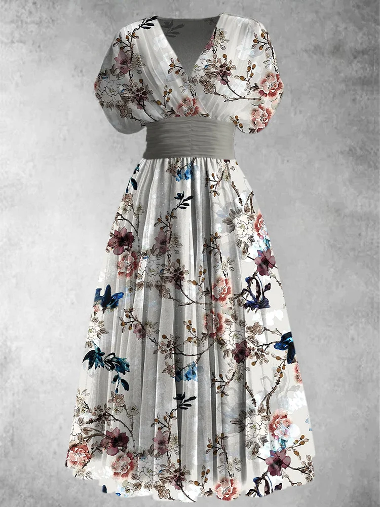 Retro Boho Floral Art Printed Elegant V-Neck Vintage Chic Short Sleeve Maxi Dress