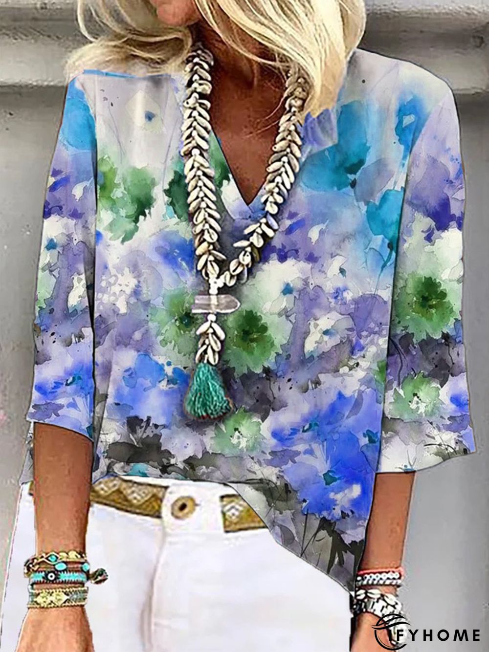 Casual Floral Loose V Neck Three Quarter Top | IFYHOME