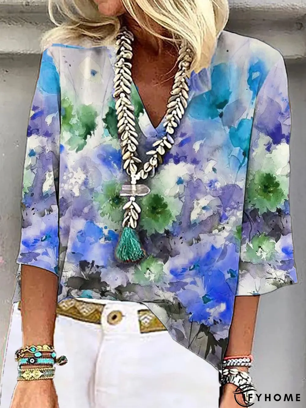 Casual Floral Loose V Neck Three Quarter Top | IFYHOME