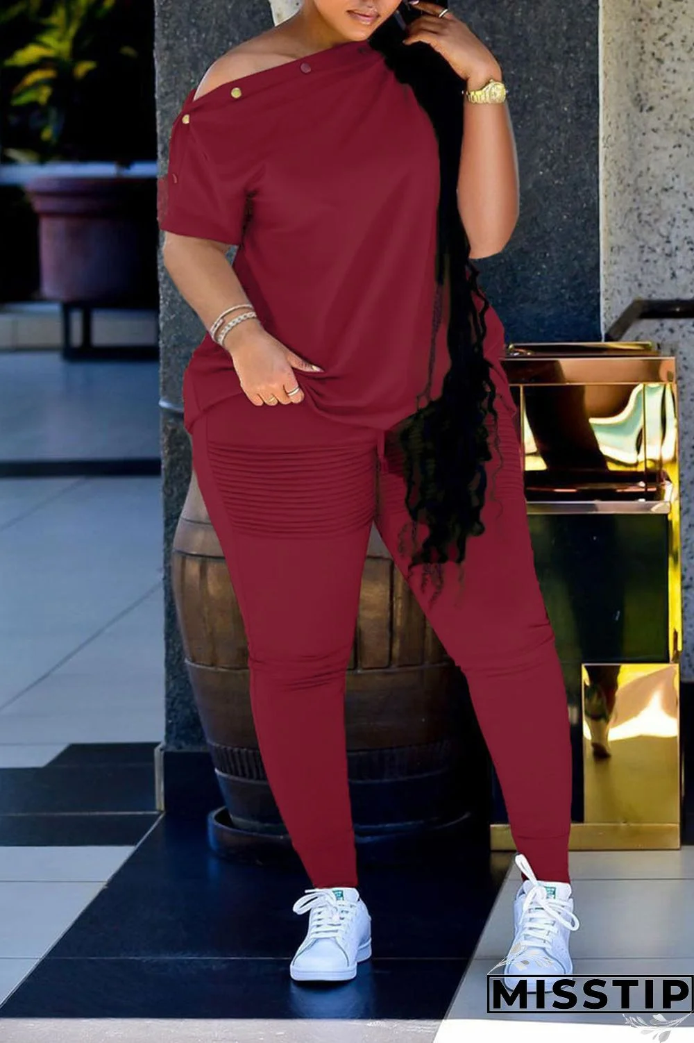 Black Casual Solid Patchwork Oblique Collar Short Sleeve Two Pieces