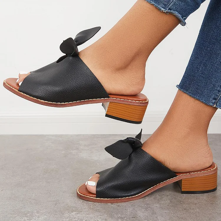Black Vintage Bow Mules with Open Toe Block Heels Vdcoo
