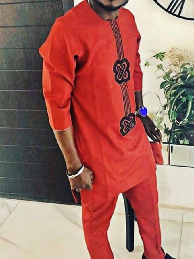 Men's fashion casual orange print two piece suit