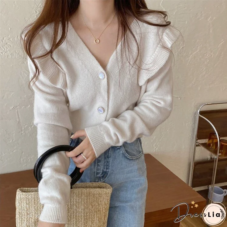 Joskka New Women's Autumn Winter Sweaters Buttons Cardigans Vintage Korean Knitted Ruffle Fashionable Elegant Lady Tops