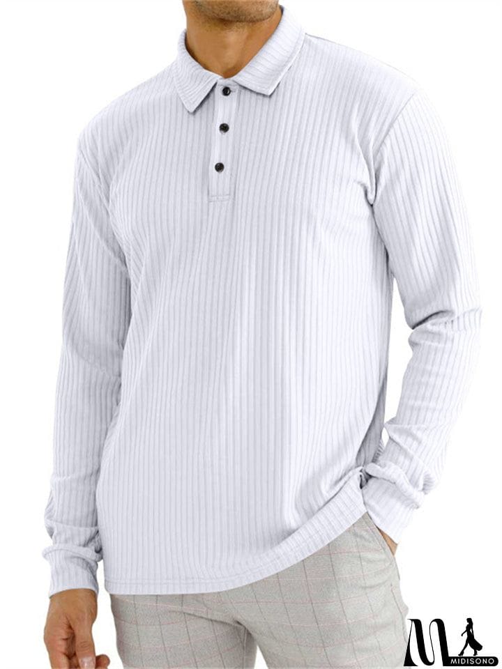 MidiSono - Men's Fall Lapel Long Sleeve Stripe Texture Golf Shirt