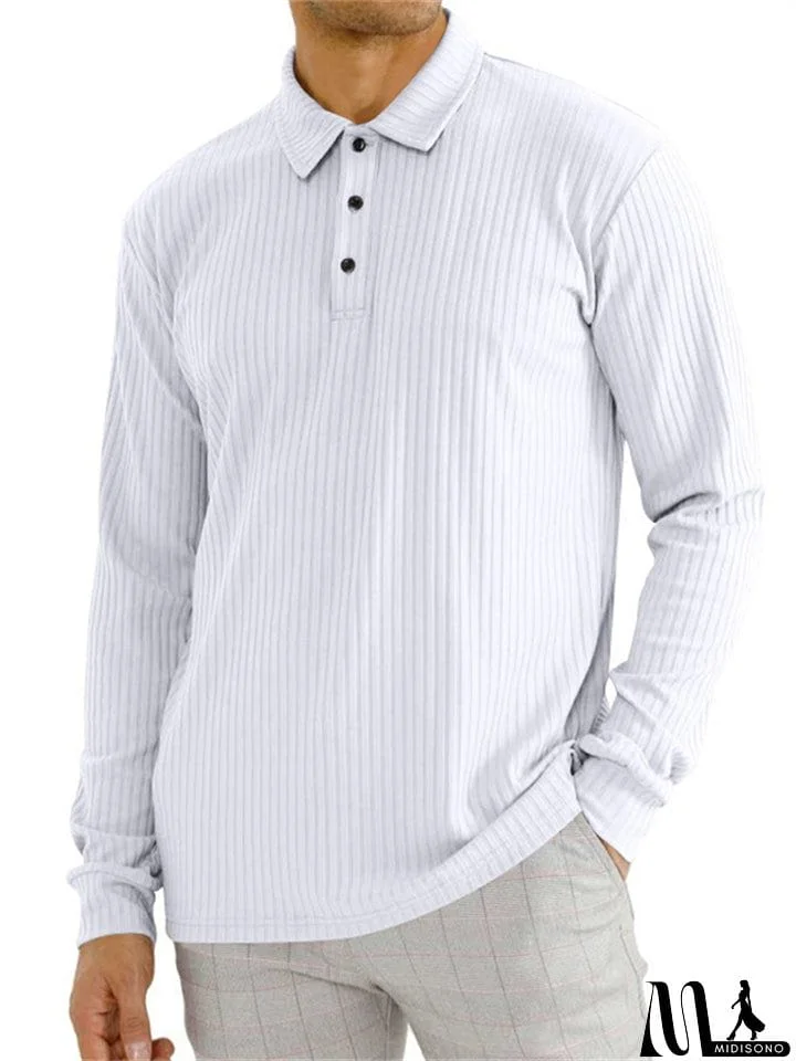 Men's Fall Lapel Long Sleeve Stripe Texture Golf Shirt