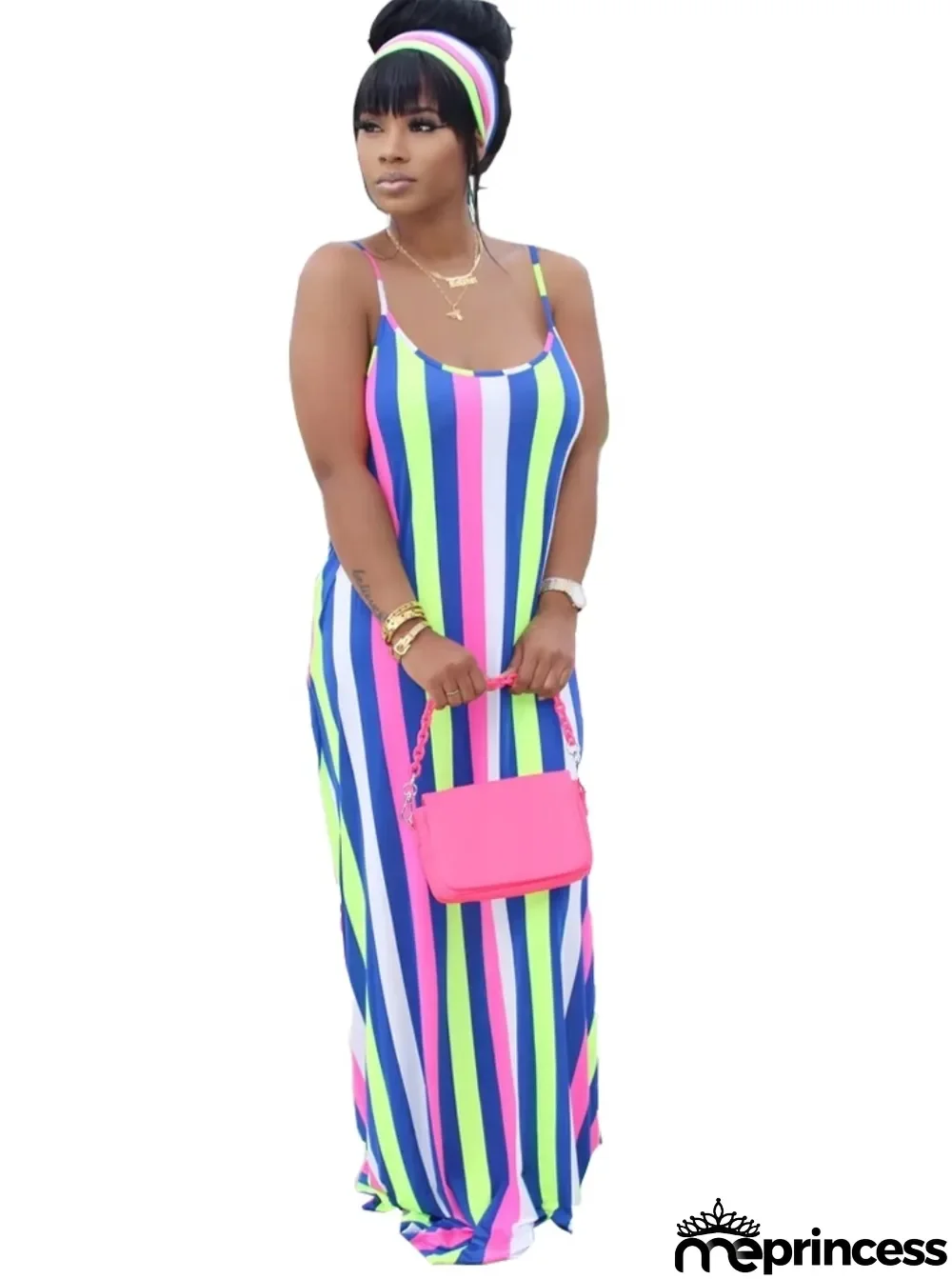 Summer Stripes Print Strap Long Maxi Dress
