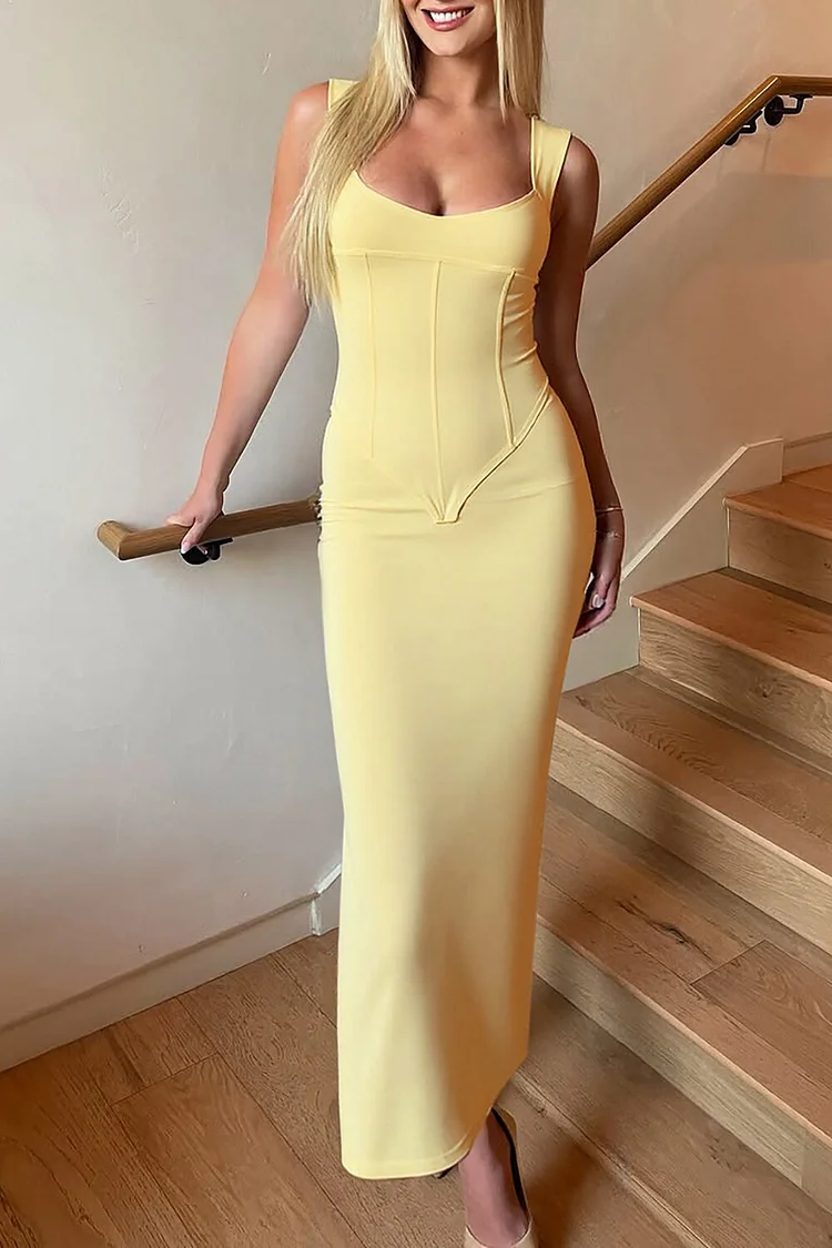 Square Neck Wide Straps Corset Solid Color Fitted Maxi Skirt 2pcs Set-Yellow
