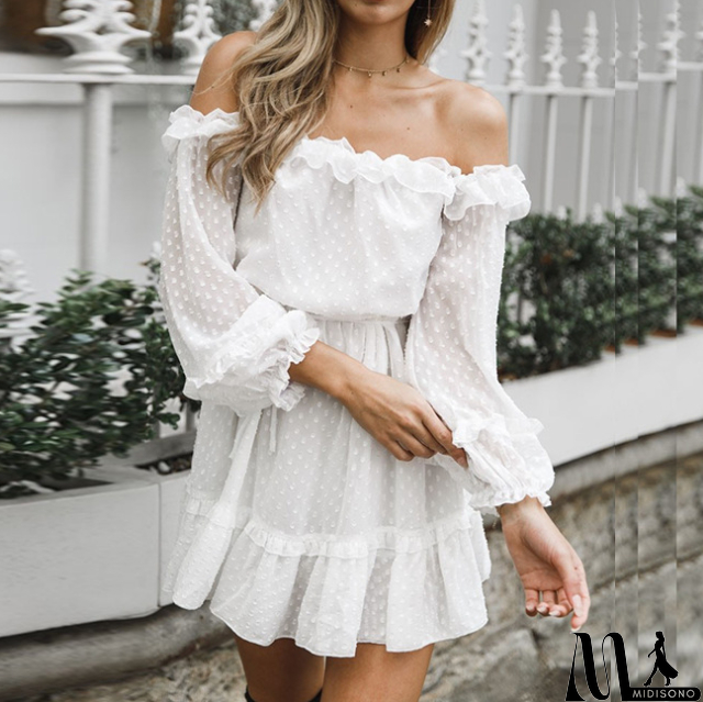 MidiSono - Solid Color Chiffon High Waist Long Sleeve Dress