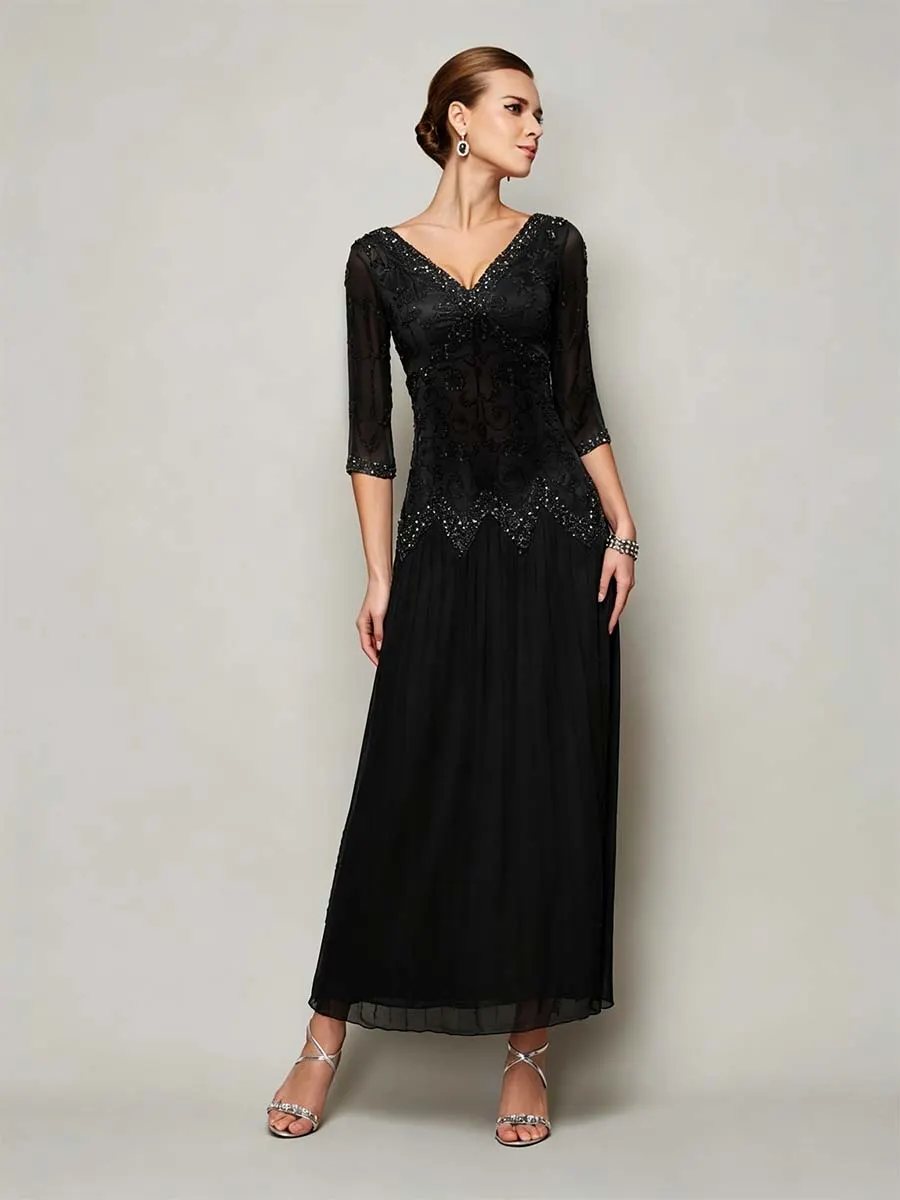Daisda Grey V-Neck 3/4 Sleeve Tea Length Sheath Mother Of The Bride Dress With Beadings