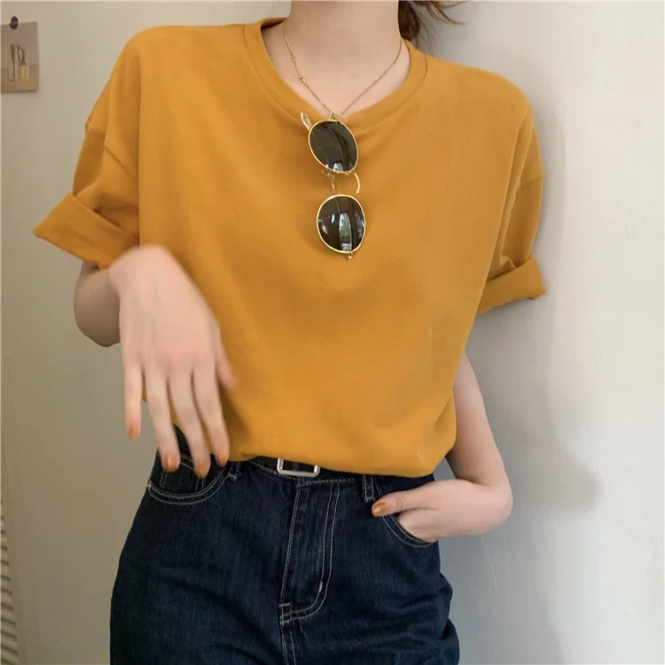 Brownm Brownm New 2024 Korean Version Simple Back Letter Print Short-Sleeved T-Shirt Women's Loose Round Collar With A Bottom Top