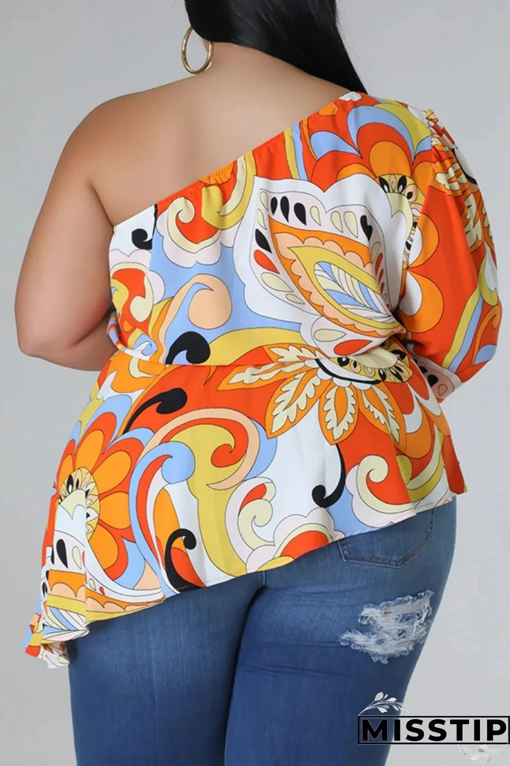 Black Yellow Casual Print Backless Oblique Collar Plus Size Tops