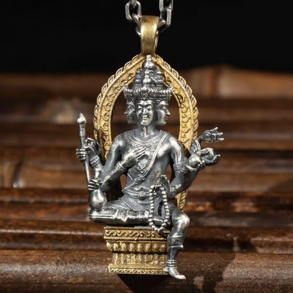 Sterling Silver Four-faced Buddha Fortune Pendant Necklace