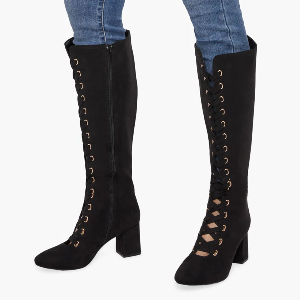 Vintage Black Vegan Suede Block Heel Knee High Lace Up Boots Nicepairs