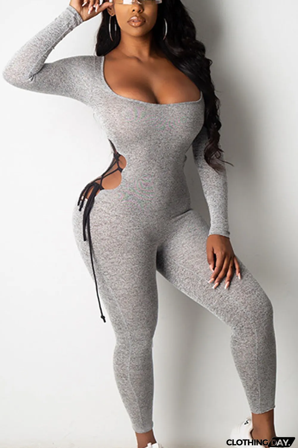 Grey Sexy Polyester Milk Fiber Solid Hollowed Out Frenulum U Neck Skinny Jumpsuits